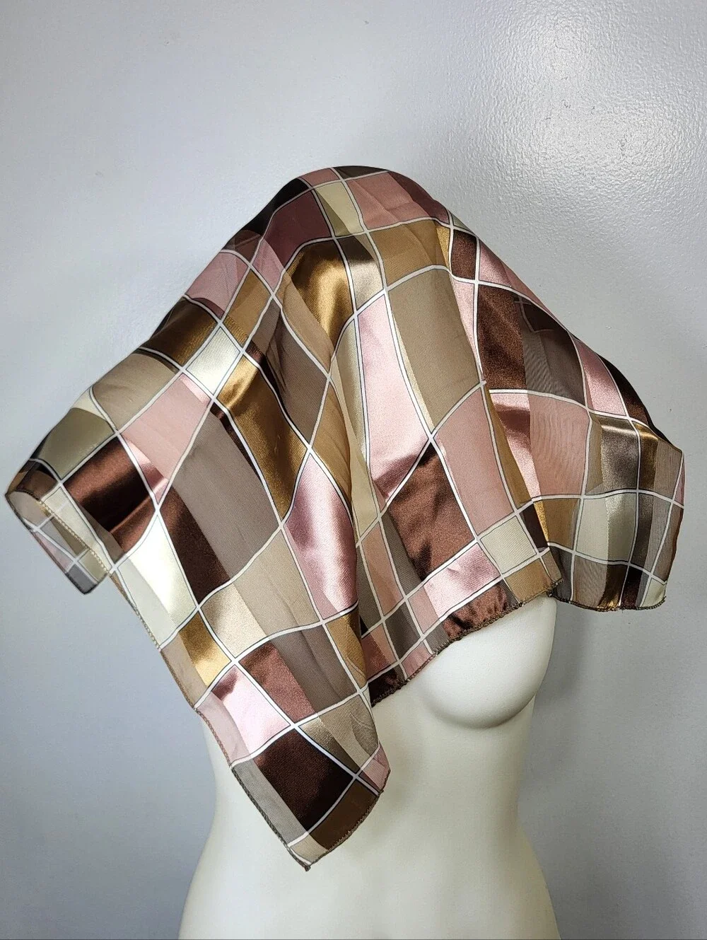 1960's 70's Style Silk-Feel Plaid Neck Scarf in Brown and Gold 20